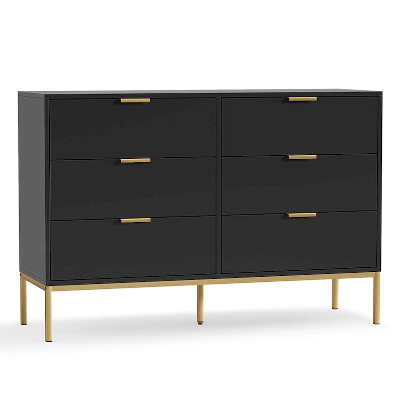 Modern 6-Drawer Double Dresser Black Wood Chest of Drawers Storage Organizer for Bedroom