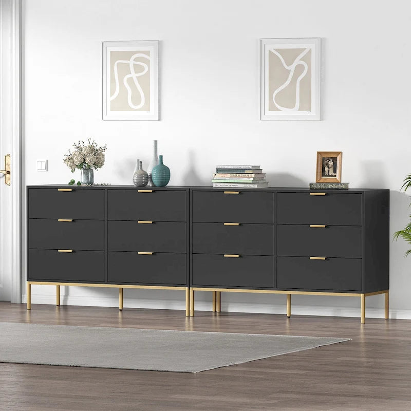 Modern 6-Drawer Double Dresser Black Wood Chest of Drawers Storage Organizer for Bedroom
