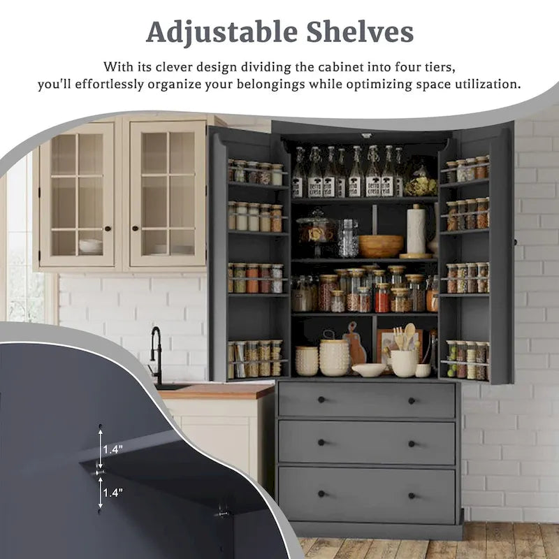 77inch Farmhouse Kitchen Pantry, Freestanding Tall Cupboard Storage Cabinet with 3 Adjustable Shelves, 8 Door Shelves, 3 Drawers
