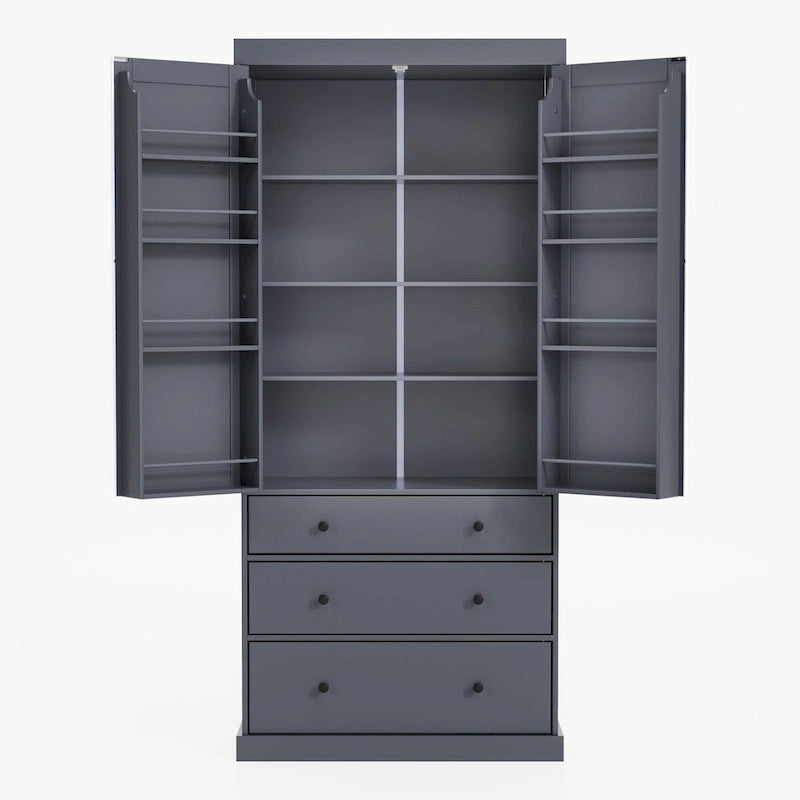 77inch Farmhouse Kitchen Pantry, Freestanding Tall Cupboard Storage Cabinet with 3 Adjustable Shelves, 8 Door Shelves, 3 Drawers