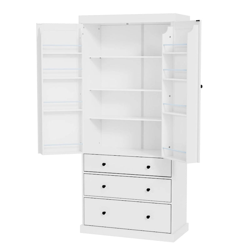 77inch Farmhouse Kitchen Pantry, Freestanding Tall Cupboard Storage Cabinet with 3 Adjustable Shelves, 8 Door Shelves, 3 Drawers