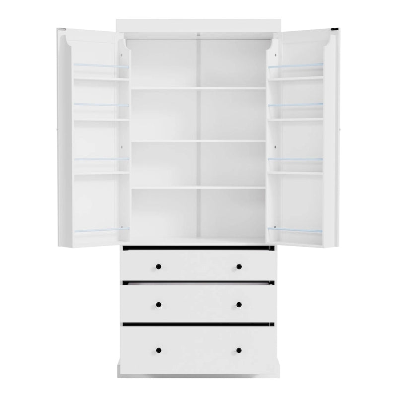 77inch Farmhouse Kitchen Pantry, Freestanding Tall Cupboard Storage Cabinet with 3 Adjustable Shelves, 8 Door Shelves, 3 Drawers