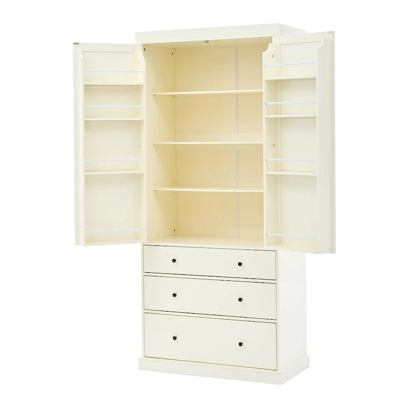 77inch Farmhouse Kitchen Pantry, Freestanding Tall Cupboard Storage Cabinet with 3 Adjustable Shelves, 8 Door Shelves, 3 Drawers