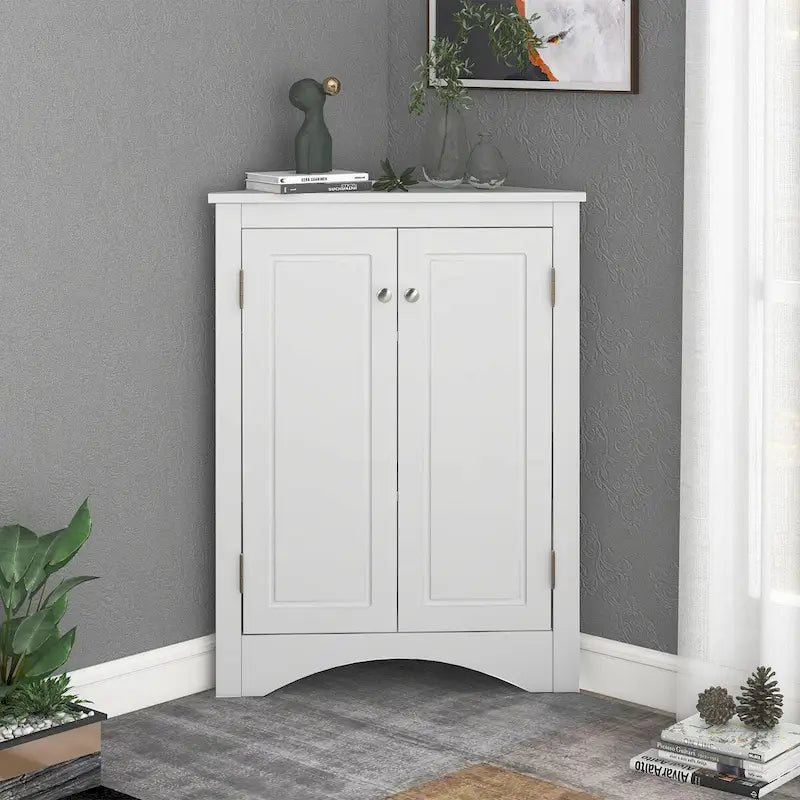 32 Wood 2-door Bathroom Corner Cabinet with Adjustable Shelves