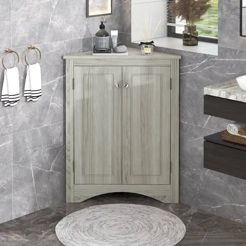 32 Wood 2-door Bathroom Corner Cabinet with Adjustable Shelves