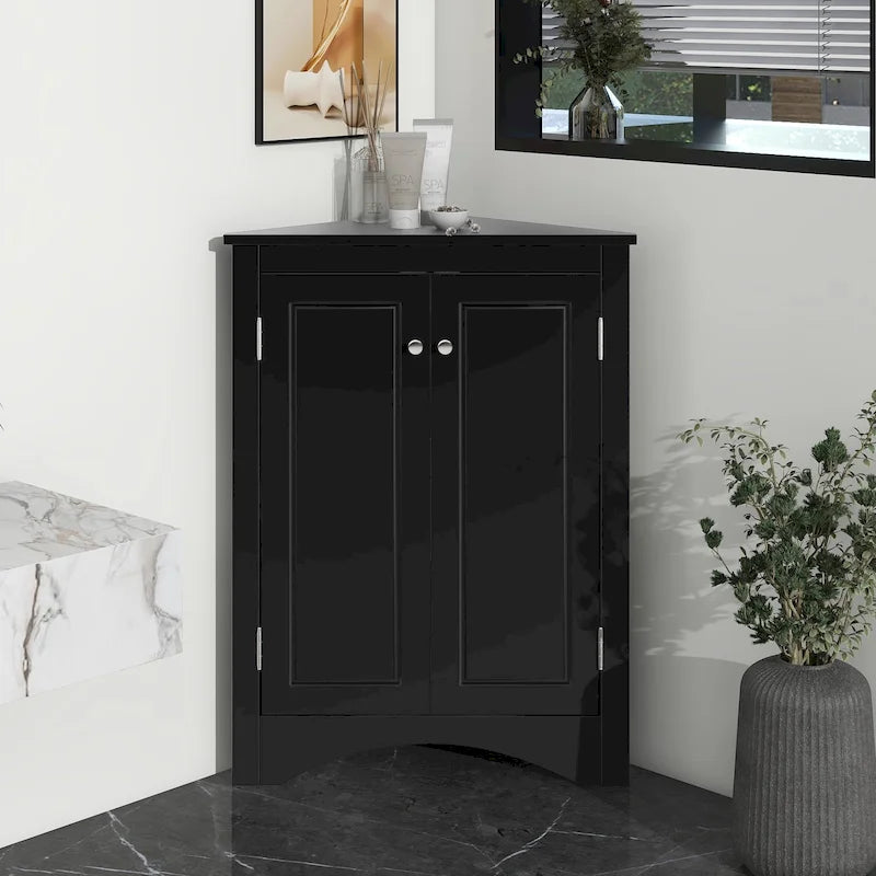 32 Wood 2-door Bathroom Corner Cabinet with Adjustable Shelves