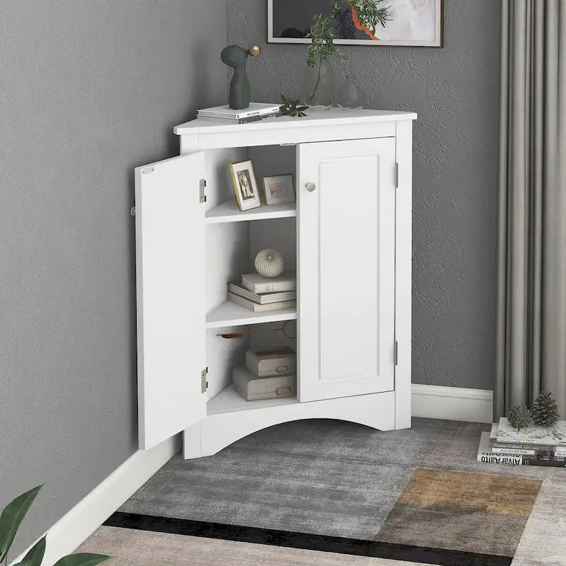 32 Wood 2-door Bathroom Corner Cabinet with Adjustable Shelves