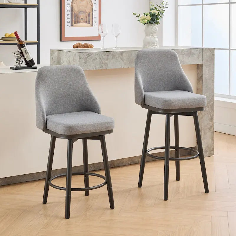 Bar Stools Set of 2 Chenille Adjustable Counter Height Swivel Bar Stools with Back Metal Leg,24 to 29 Inch,Light Gray