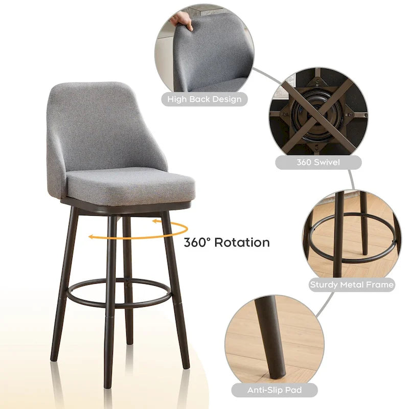 Bar Stools Set of 2 Chenille Adjustable Counter Height Swivel Bar Stools with Back Metal Leg,24 to 29 Inch,Light Gray