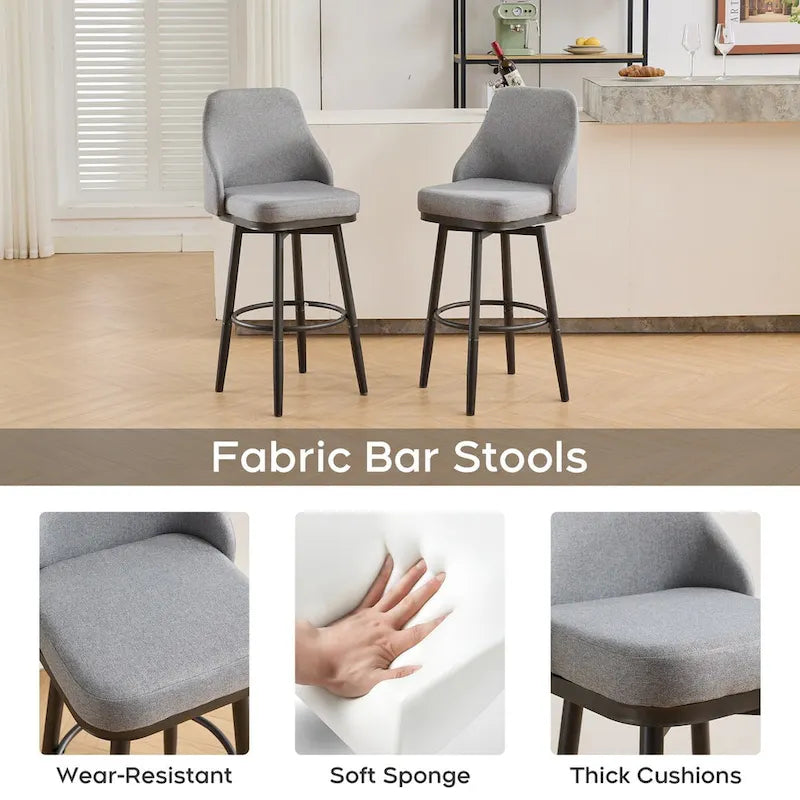 Bar Stools Set of 2 Chenille Adjustable Counter Height Swivel Bar Stools with Back Metal Leg,24 to 29 Inch,Light Gray