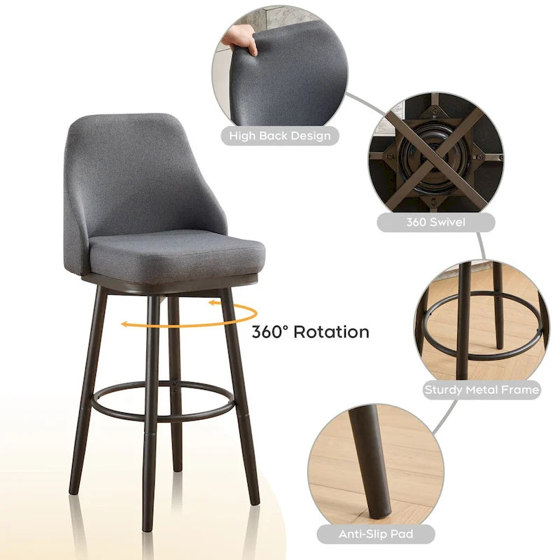 Bar Stools Set of 2 Chenille Adjustable Counter Height Swivel Bar Stools with Back Metal Leg,24 to 29 Inch,Light Gray