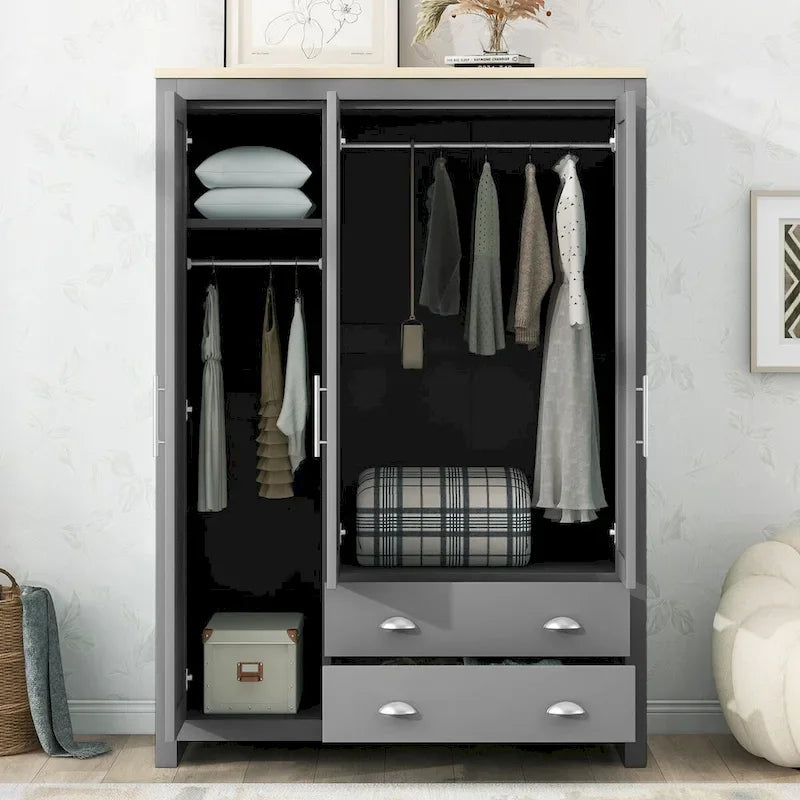 3 Door Storage Wardrobe with Cabinets and 2 Hanging Rods