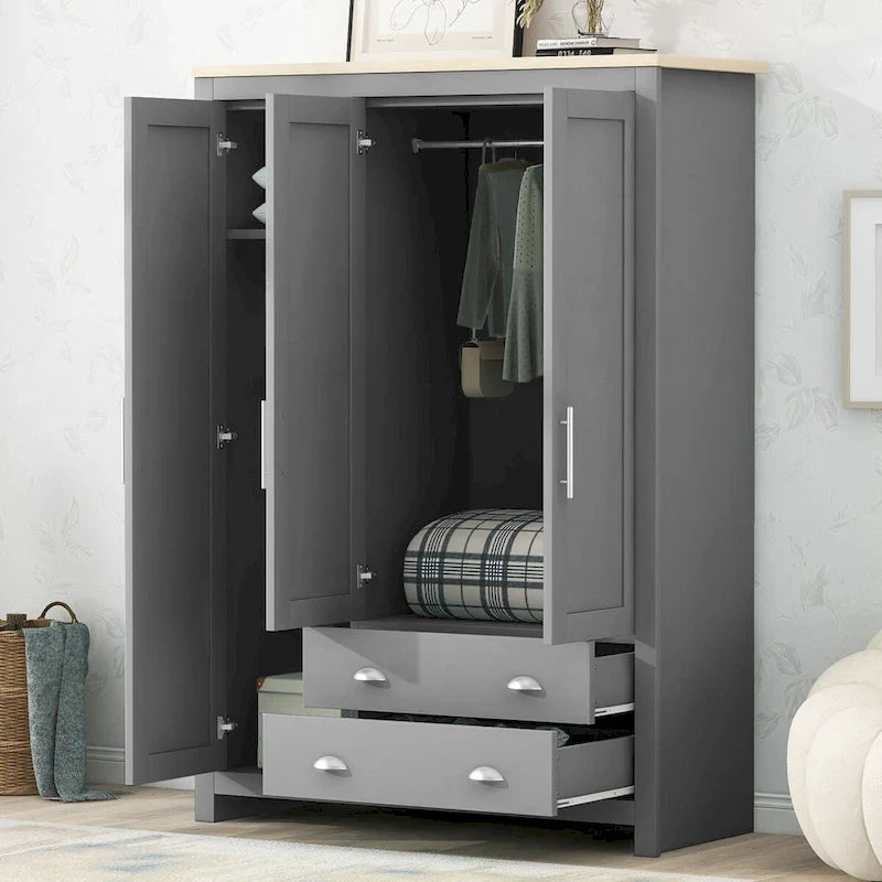 3 Door Storage Wardrobe with Cabinets and 2 Hanging Rods